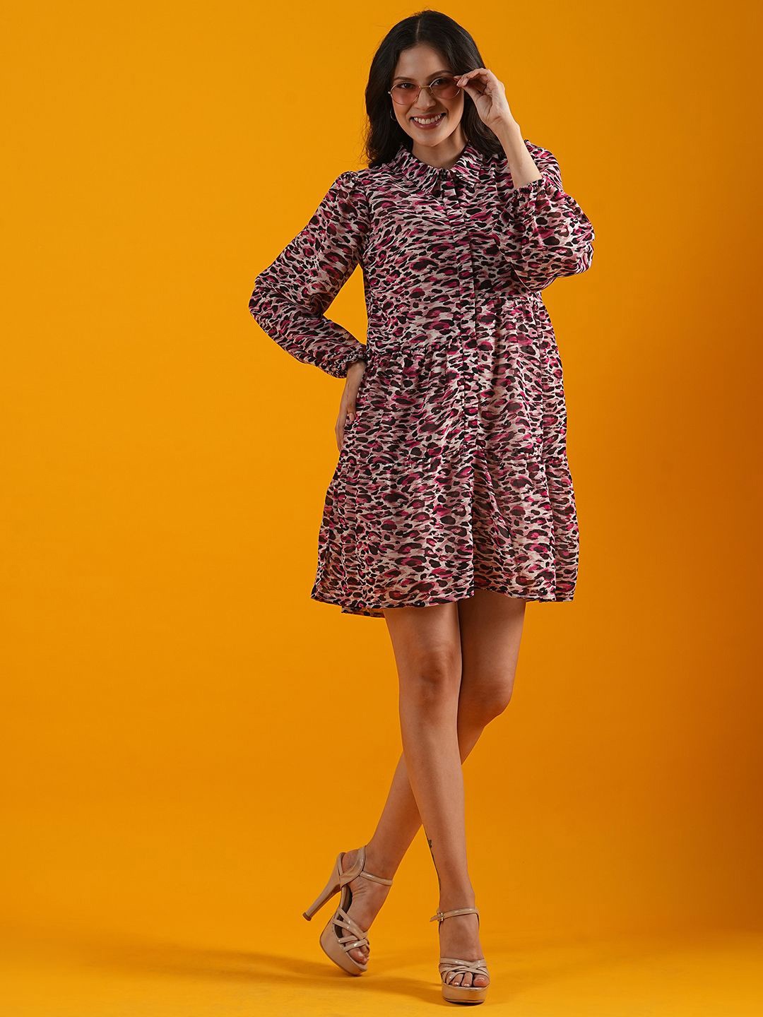

Globus Pink Animal Print Tiered Georgette A-Line Dress