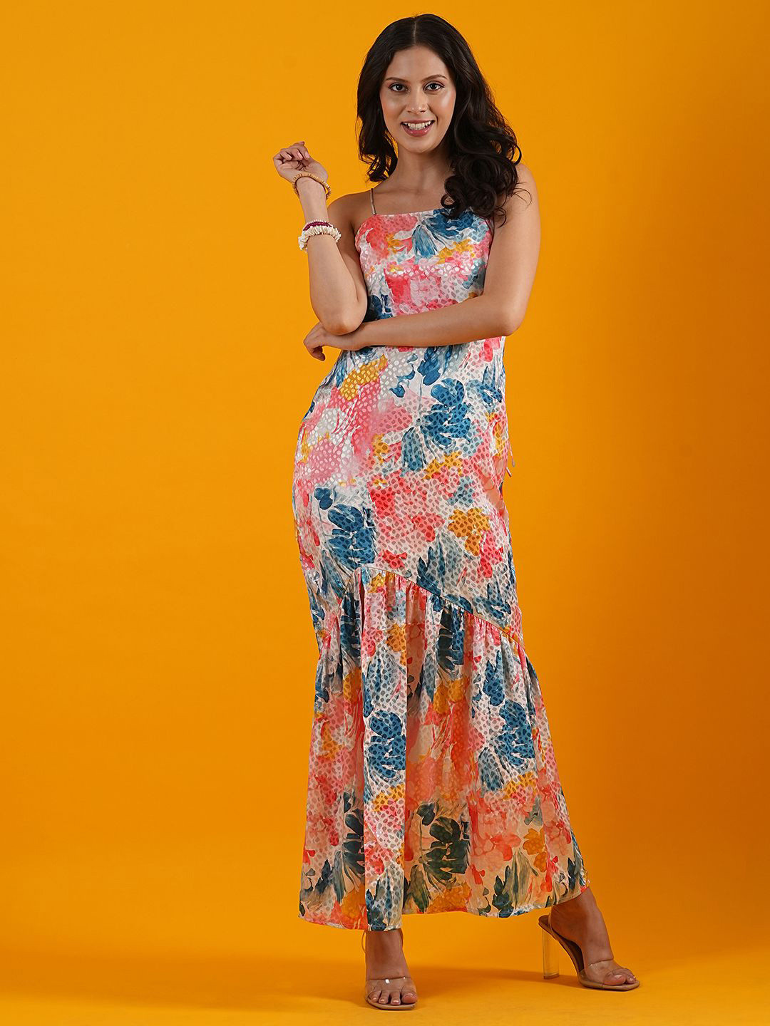 

Globus Blue & Orange Floral Print Square Neck Satin Maxi Dress