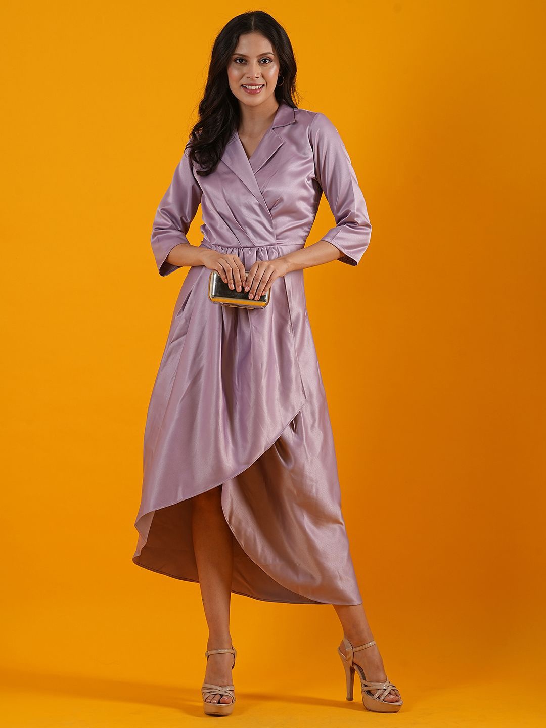 

Globus Mauve Notched Lapel Pleated Satin Tulip Hem Midi Wrap Dress