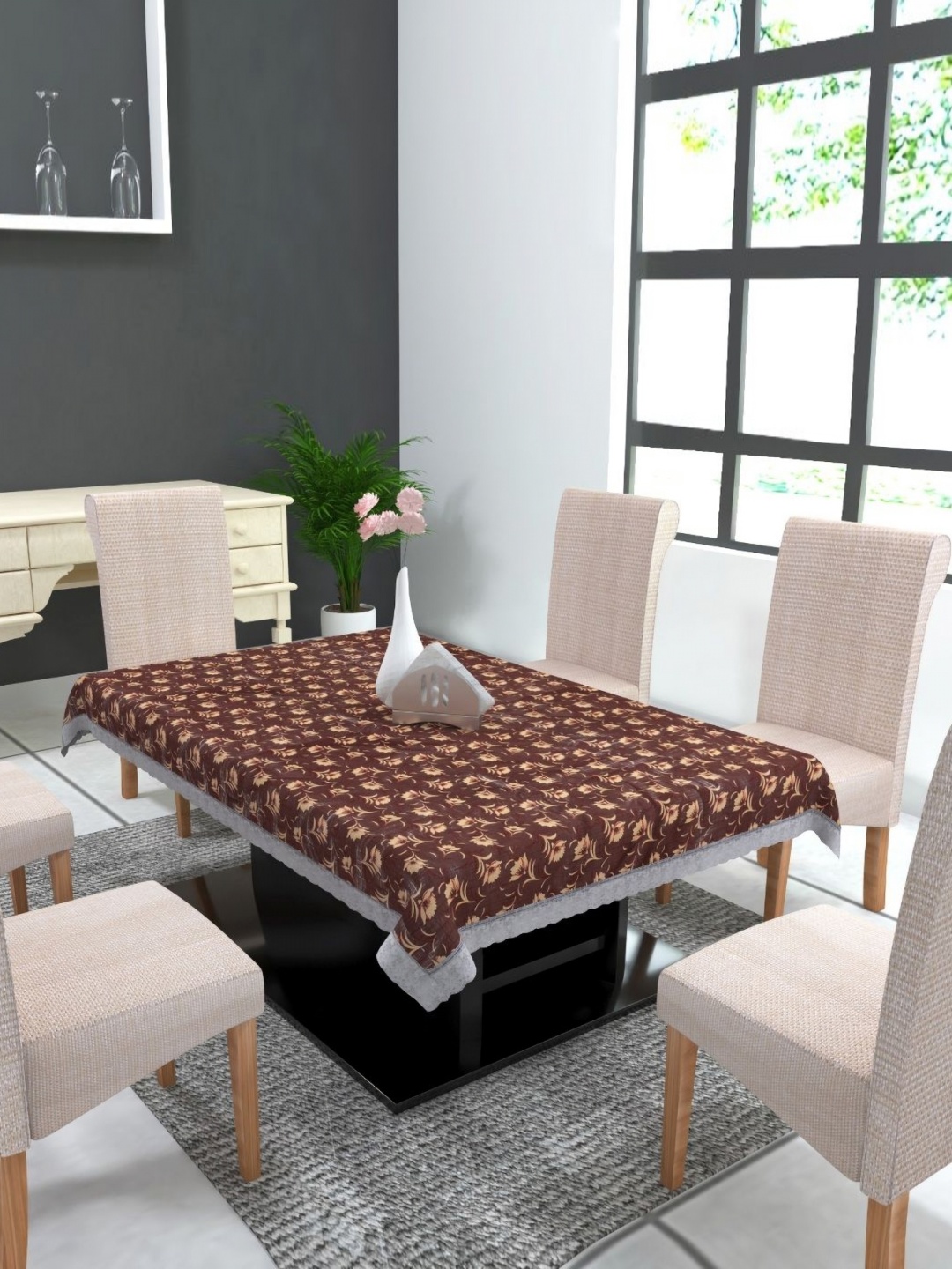 

TANLOOMS Brown & White Floral Printed Water Proof Rectangle Table Cover