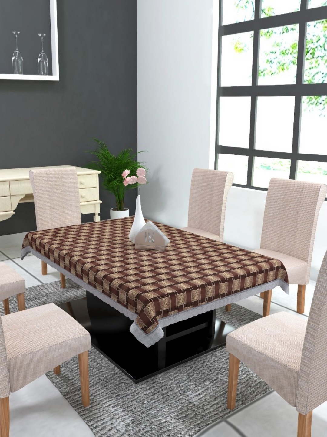 

TANLOOMS Brown Geometric Printed Waterproof 8-Seater Table Cover