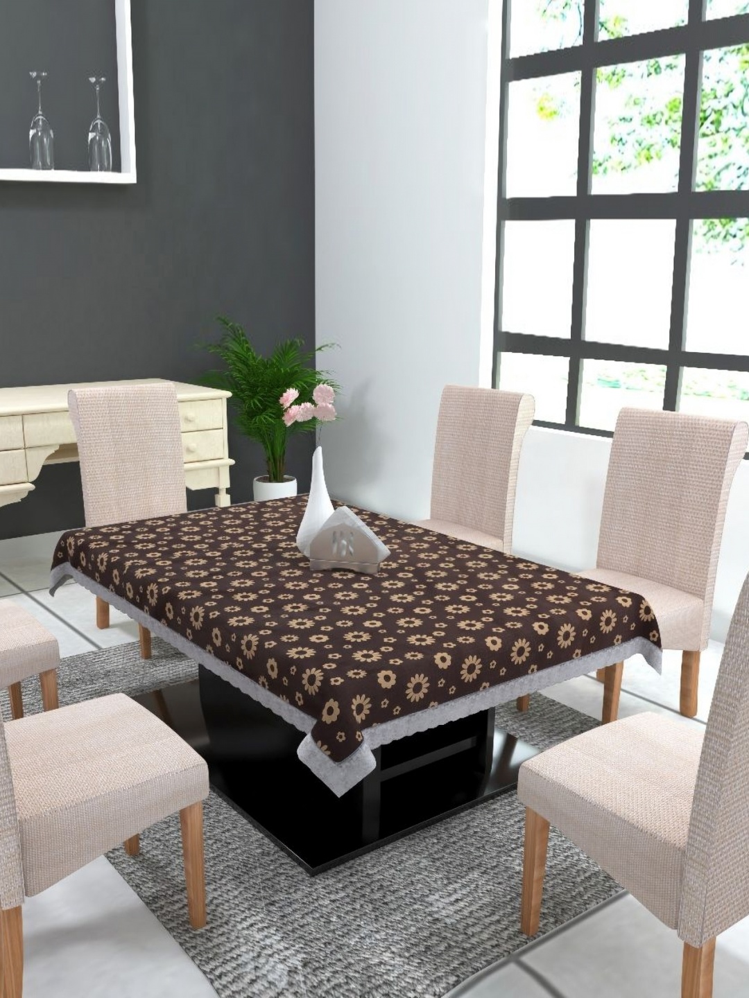 

TANLOOMS Brown & White Floral Printed Water Proof Rectangle Table Cover