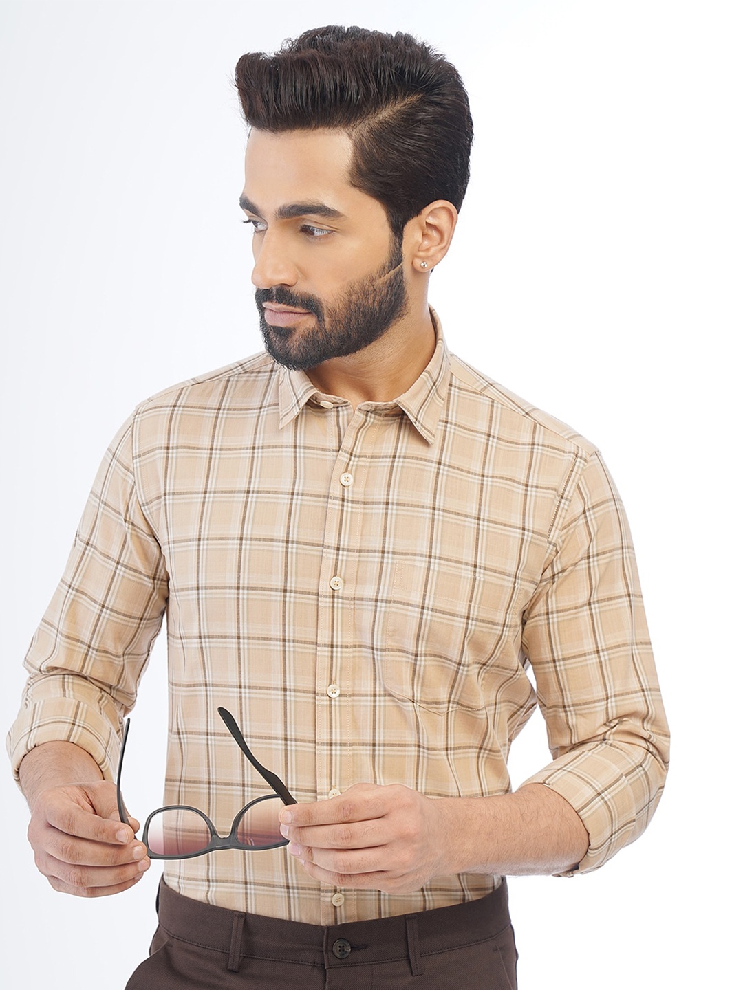 

Greenfibre Windowpane Checks Cotton Casual Shirt, Beige