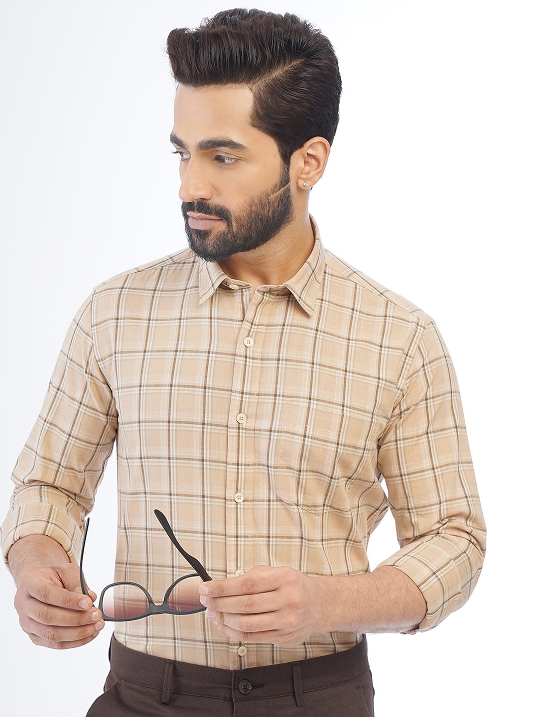 

Greenfibre Spread Collar Windowpane Checks Cotton Casual Shirt, Beige