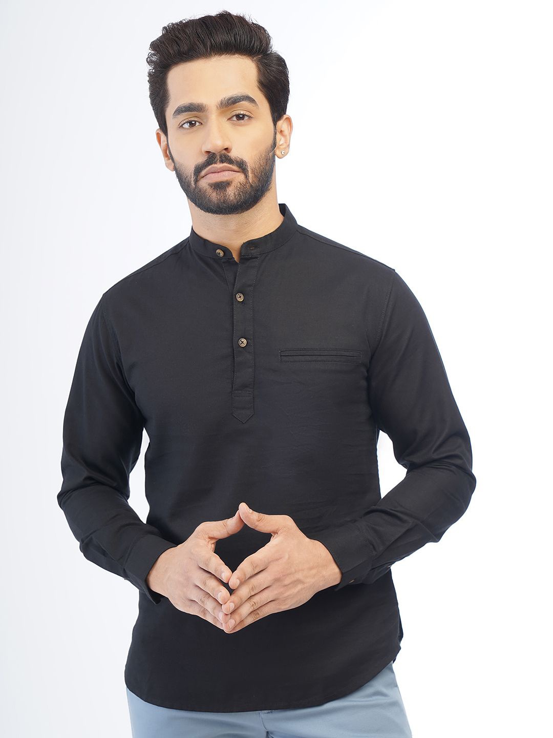 

Greenfibre Mandarin Collar Slim Fit Cotton Casual Shirt, Black
