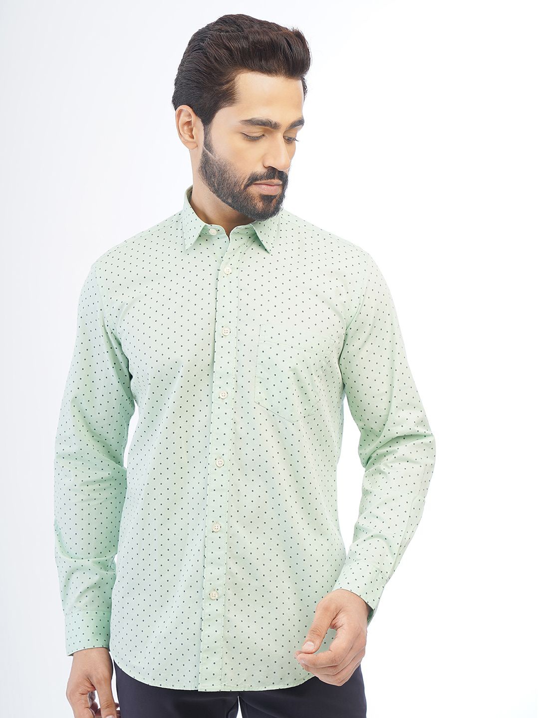 

Greenfibre Spread Collar Cotton Printed Casual Shirt, Green