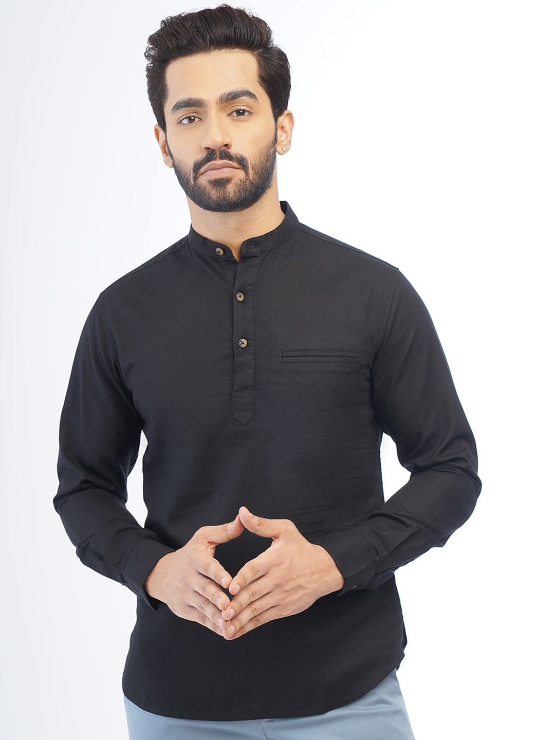 

Greenfibre Mandarin Collar Slim Fit Cotton Casual Shirt, Black