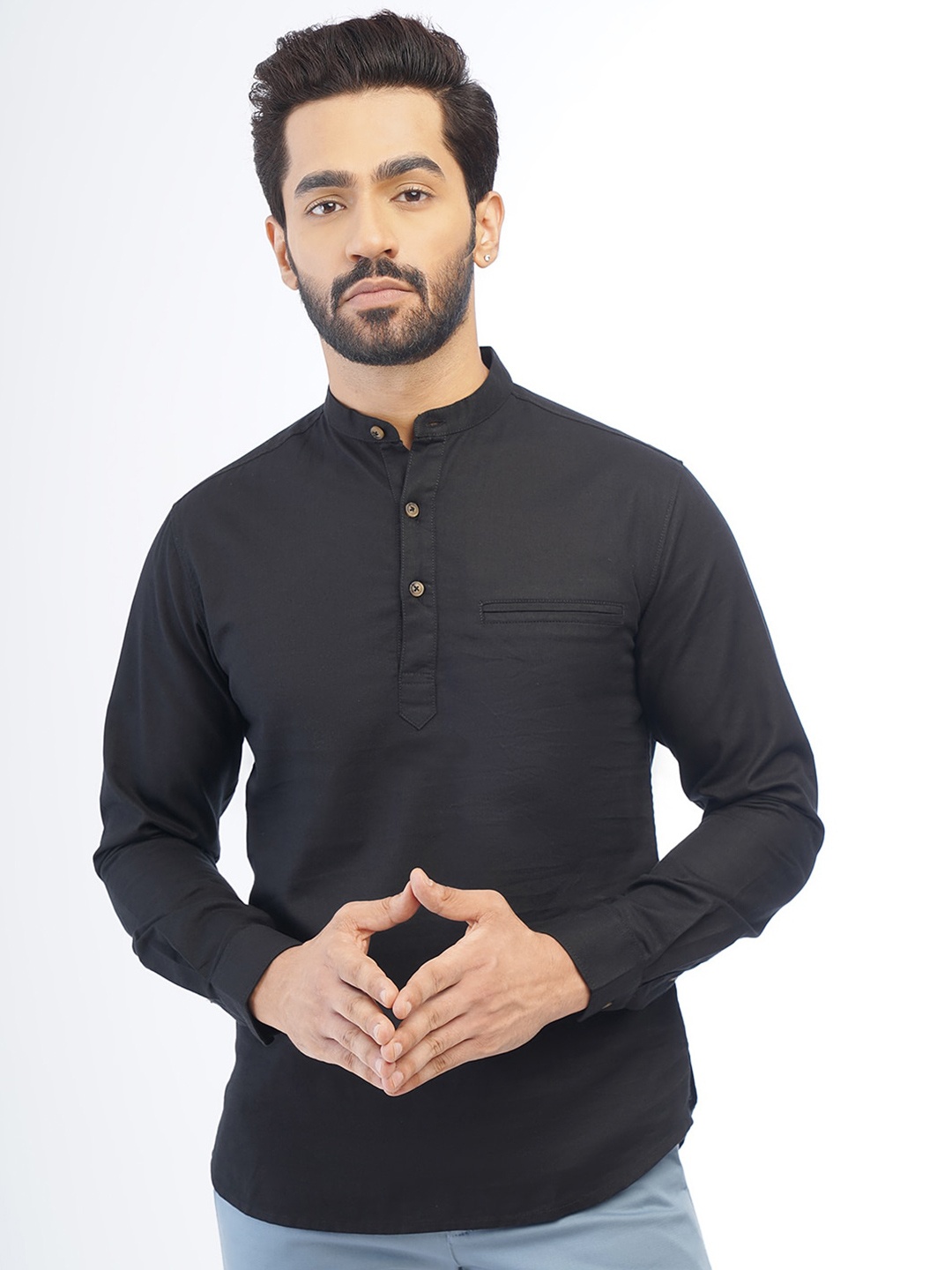 

Greenfibre Mandarin Collar Slim Fit Cotton Casual Shirt, Black