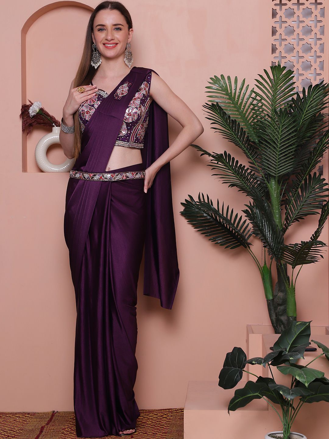 

Grancy Solid Embroidered Ready to Wear Saree, Purple