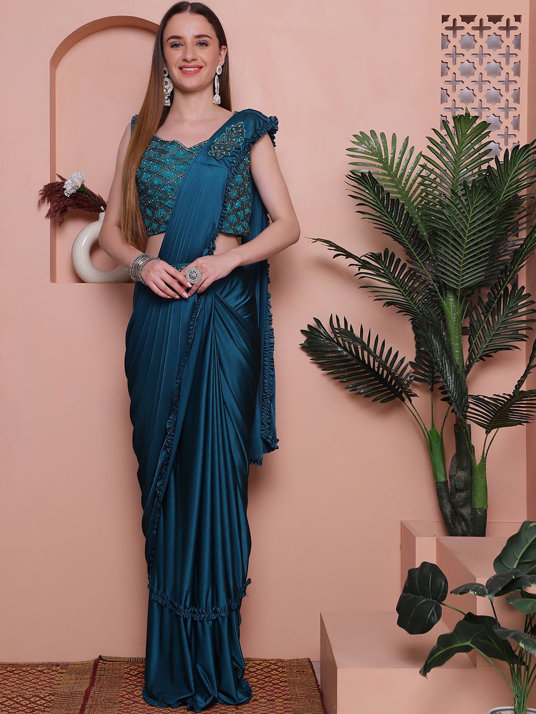 

Grancy Embroidered Solid Ready to Wear Saree, Blue