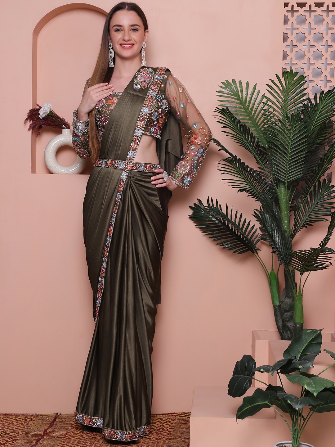 

Grancy Embroidered Ready to Wear Saree, Green