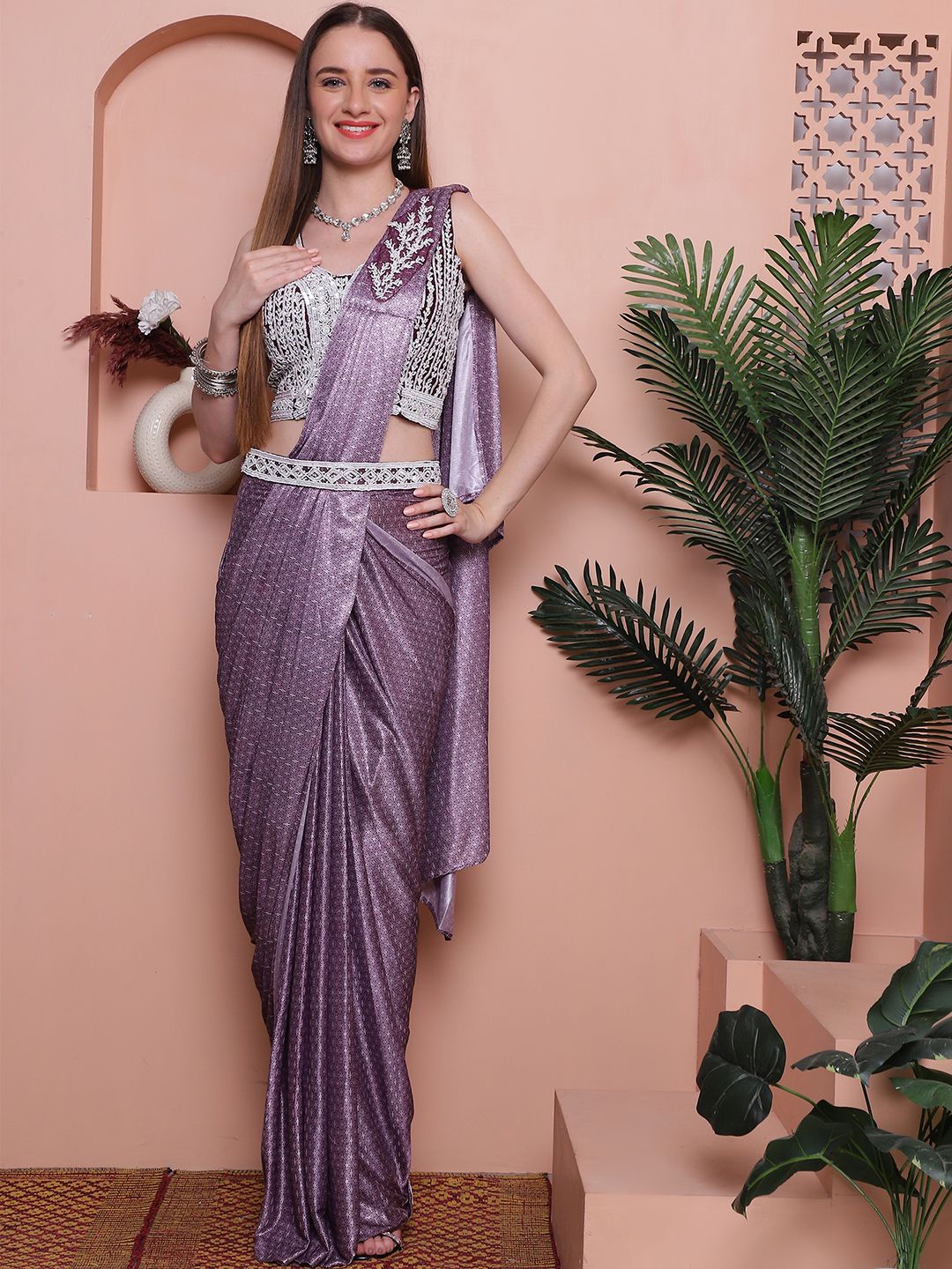 

Grancy Embroidered Ready to Wear Saree, Purple
