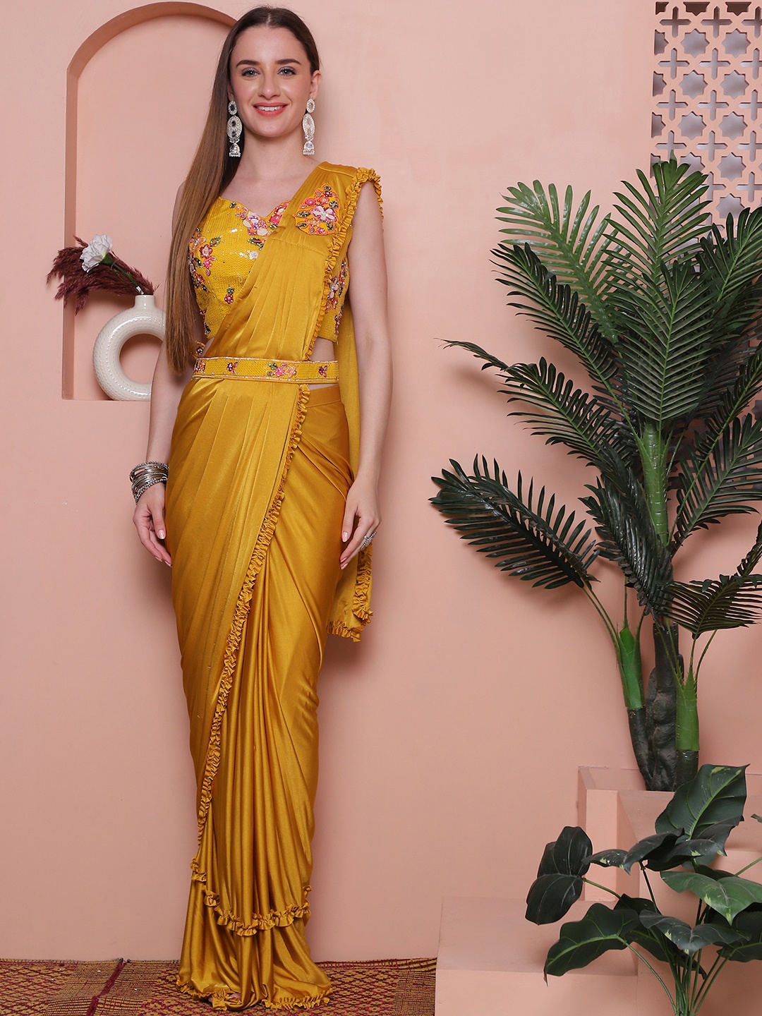 

Grancy Embroidered Ready to Wear Saree, Yellow