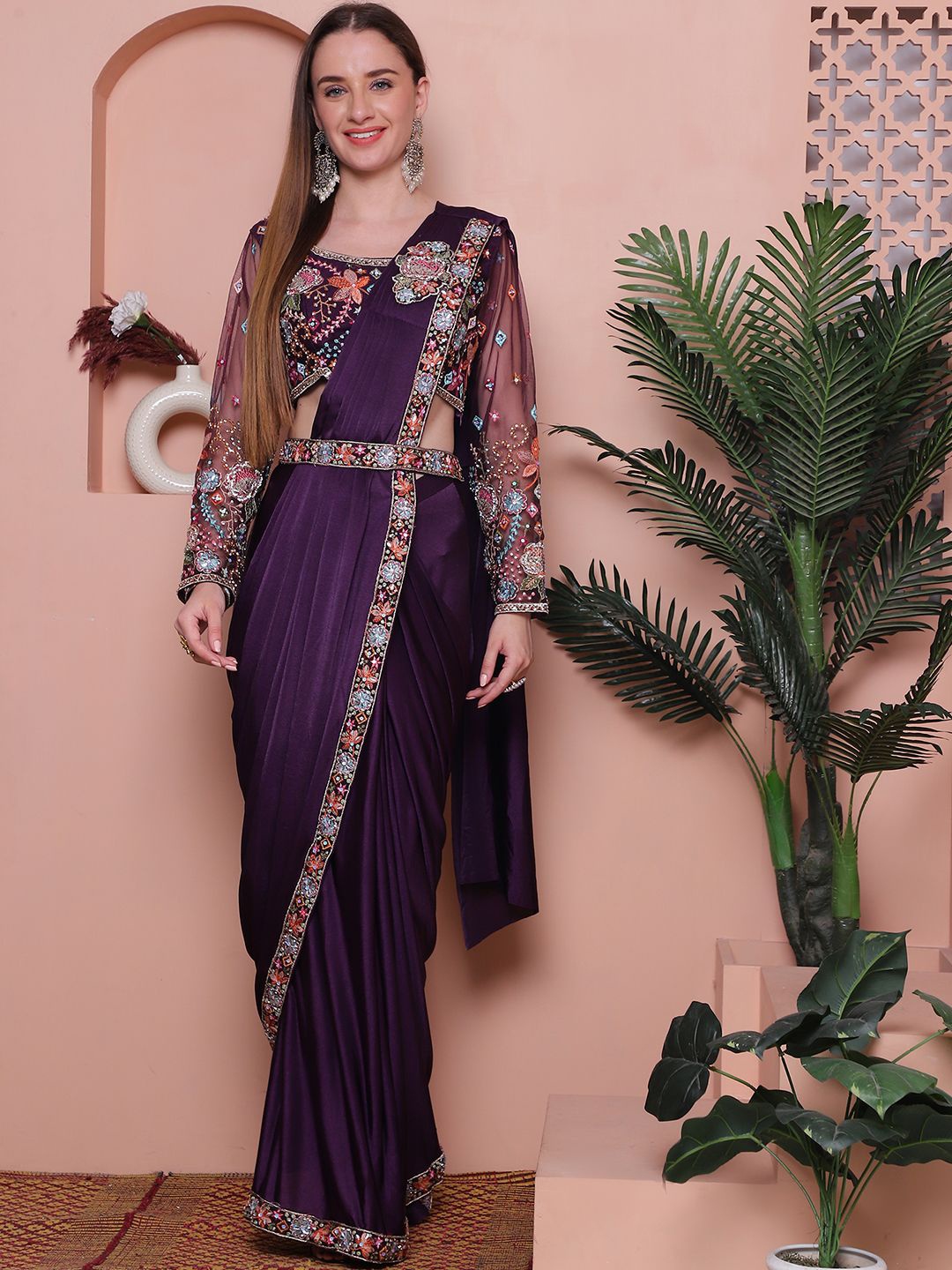 

Grancy Embroidered Ready to Wear Saree, Purple