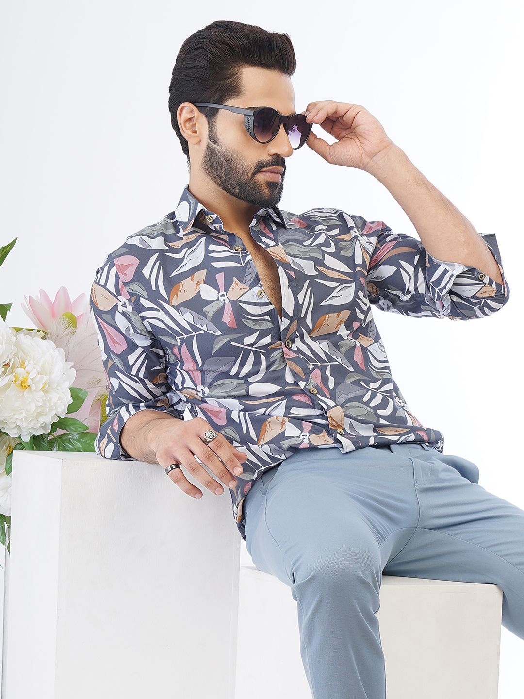 

JADE BLUE Slim Fit Floral Printed Spread Collar Cotton Shirt, Grey