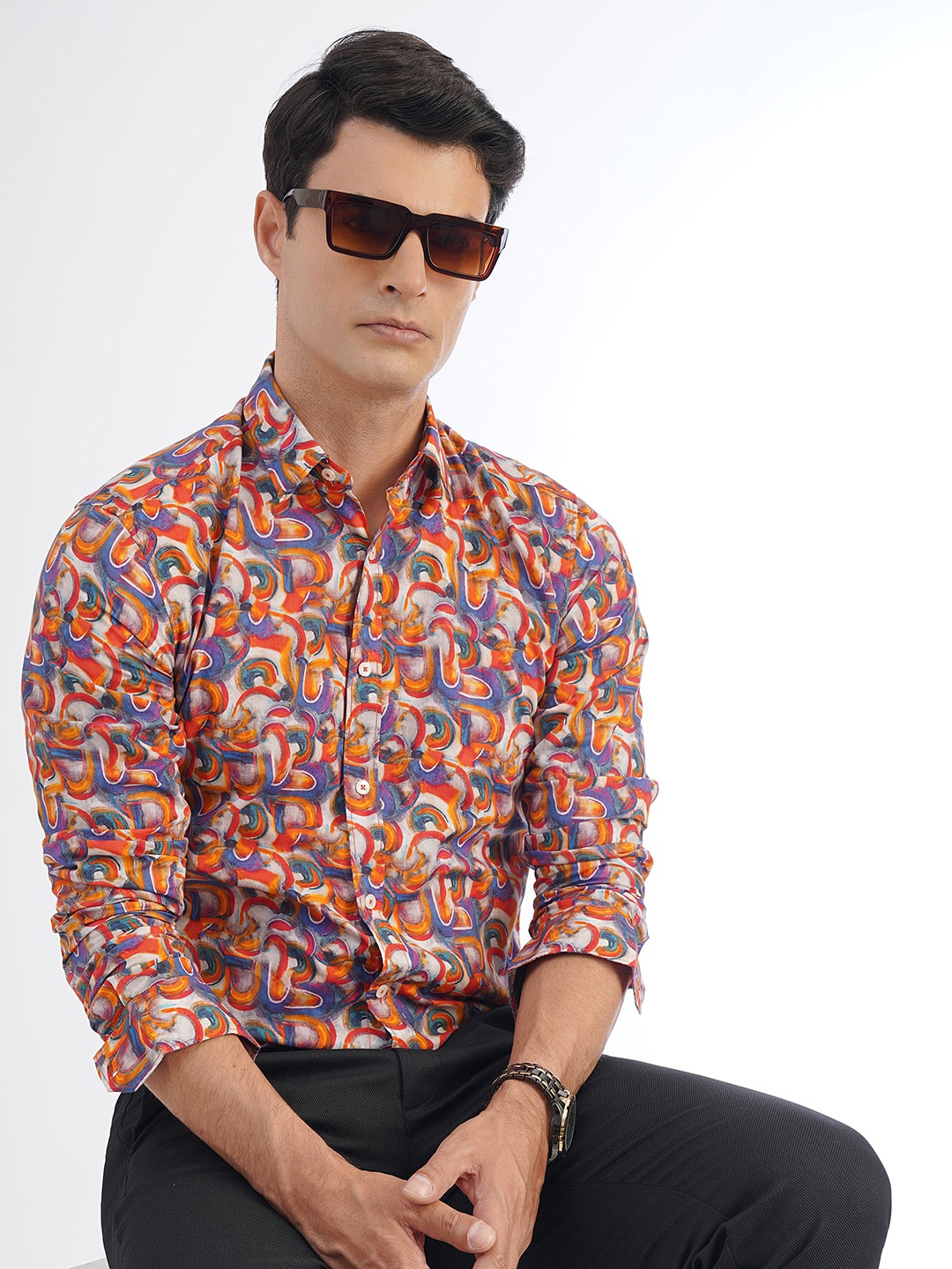 

JADE BLUE Slim Fit Abstract Printed Spread Collar Cotton Shirt