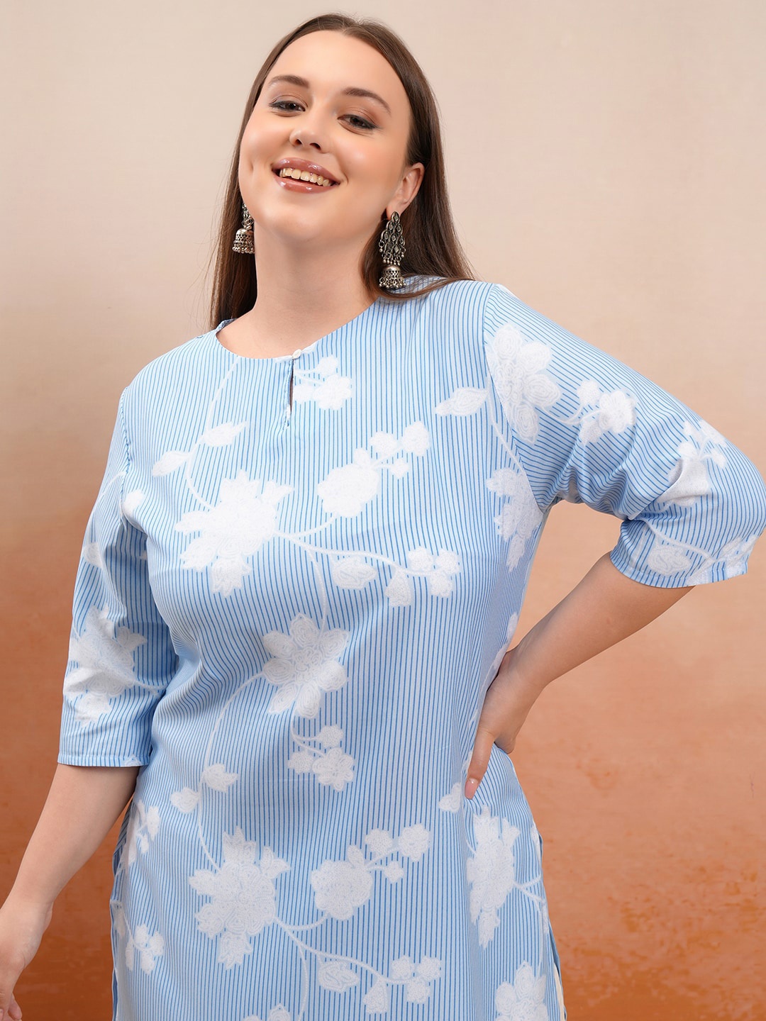 

KETCH Women Plus Size Floral Printed Keyhole Neck Regular Straight Kurta, Blue