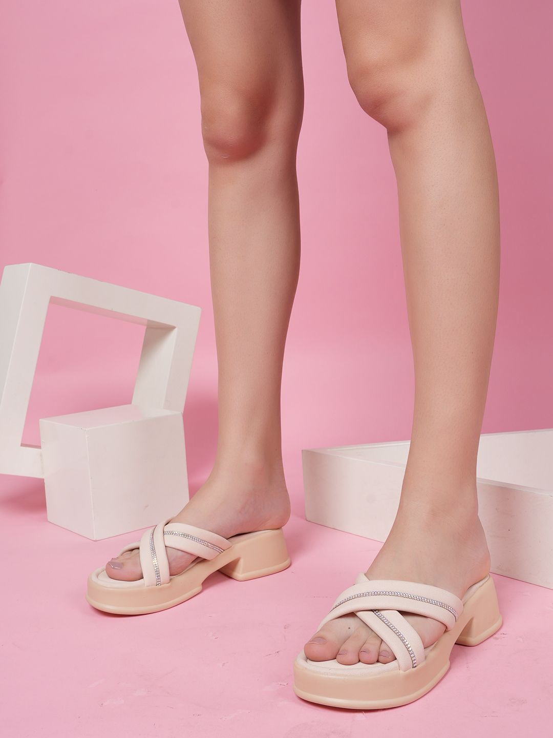 

Mast & Harbour Cream-Coloured Embellished Open Toe Platform Heels