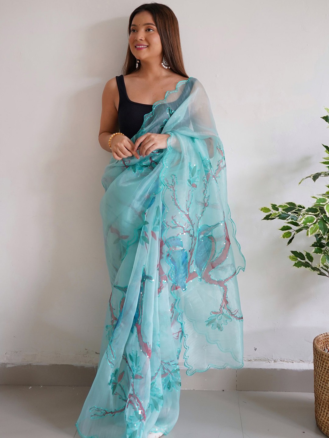 

elora Floral Sequinned Organza Saree, Turquoise blue