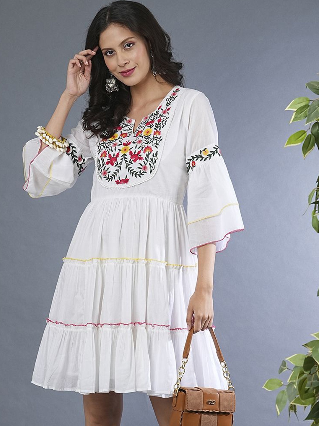

Globus Floral Embroidered Yoke Flared Sleeves Gathered Tiered Fit & Flare Fusion Dress, White