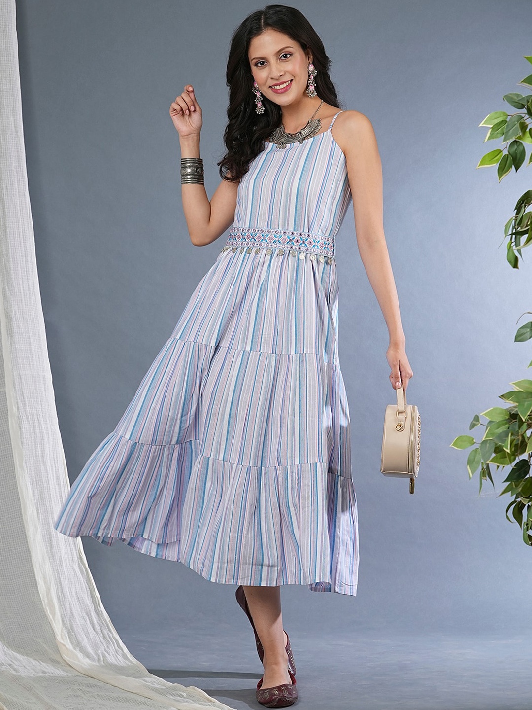 

Globus Striped Embroidered Gathered & Tiered Cotton A-line Midi Ethnic Dress, Purple