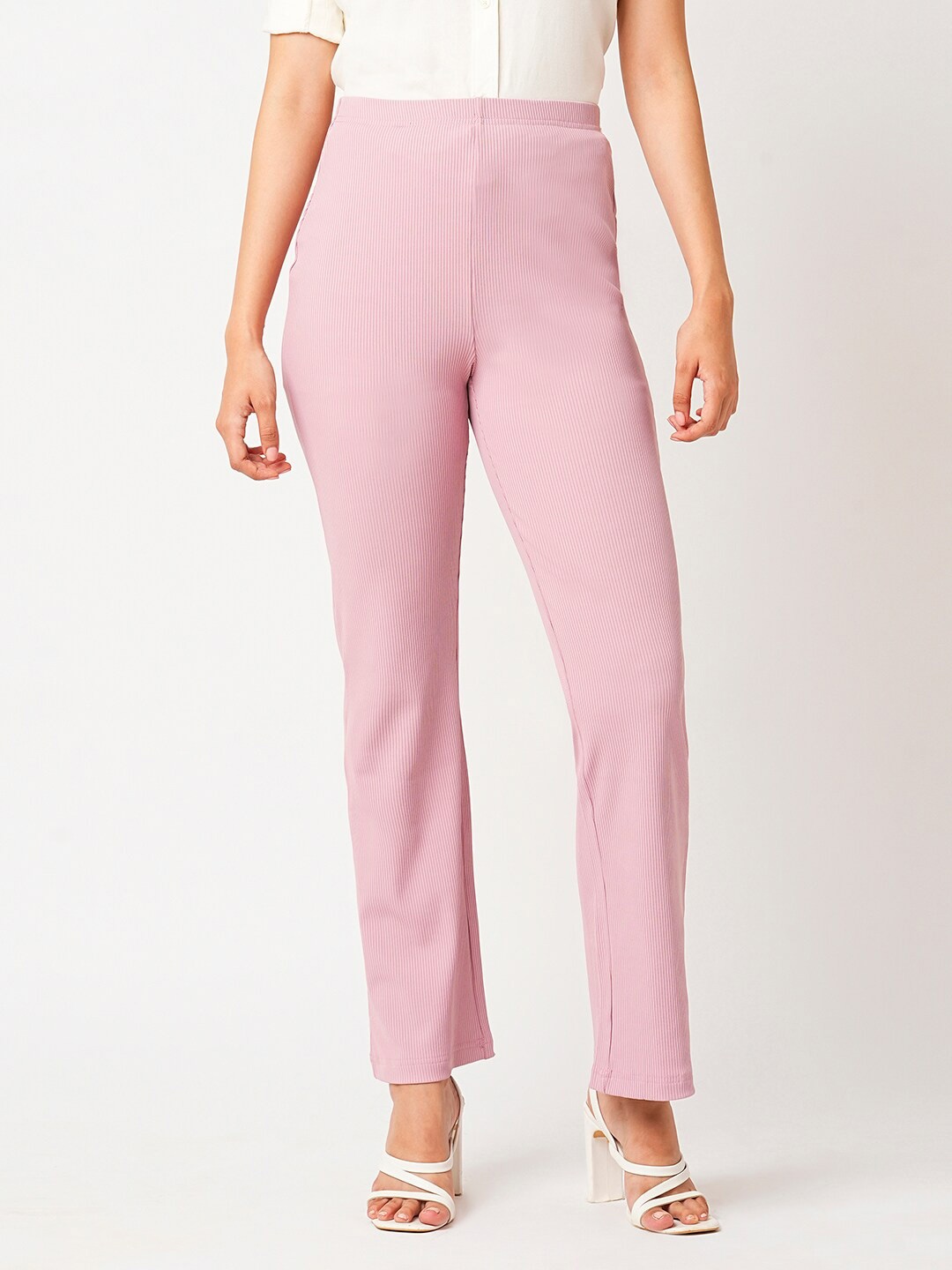

Globus Pink Women Self Design Mid-Rise Slim Fit Bootcut Stretchable Treggings