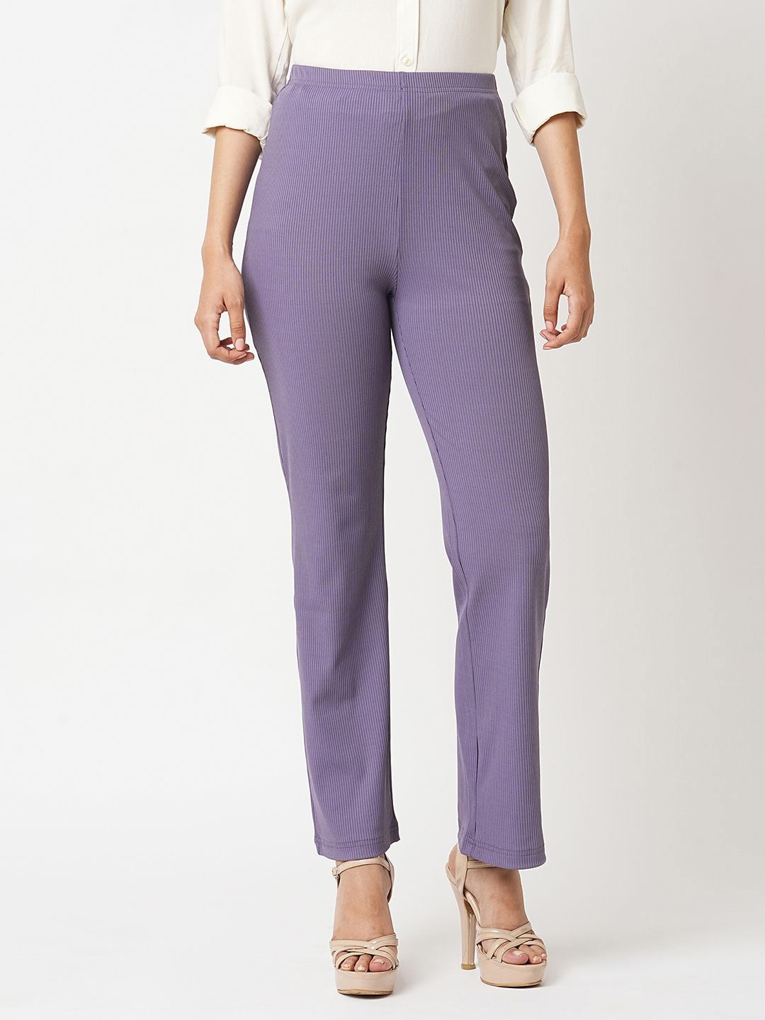 

Globus Lavender Women Self Design Mid-Rise Slim Fit Bootcut Stretchable Treggings
