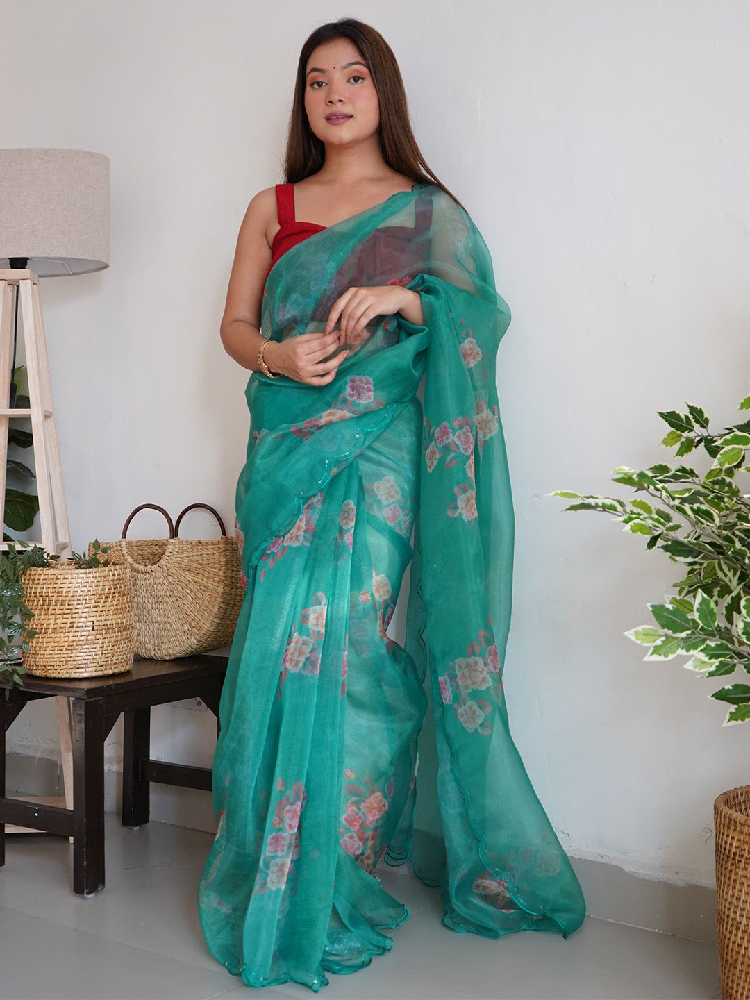

elora Floral Organza Saree, Green