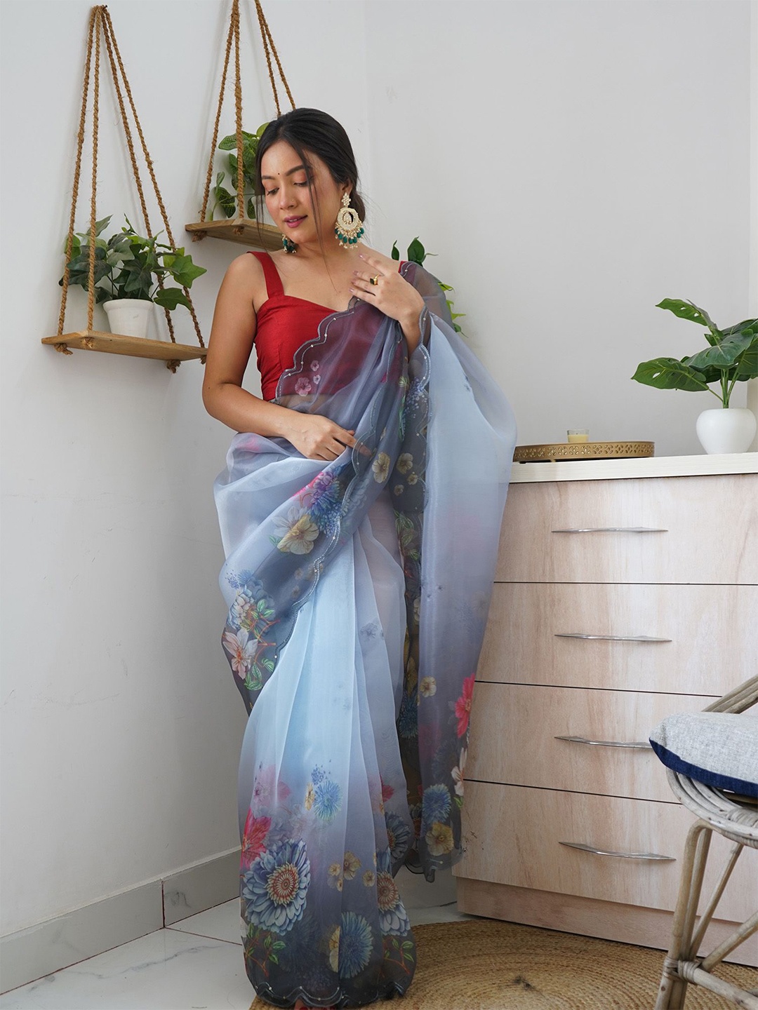 

elora Floral Organza Saree, Grey