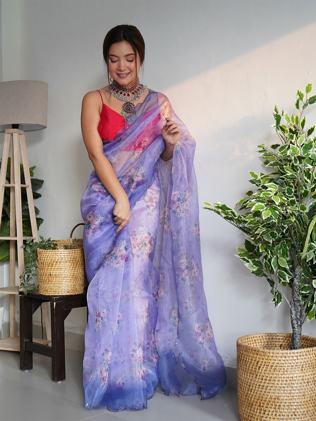 

elora Floral Sequinned Organza Saree, Lavender