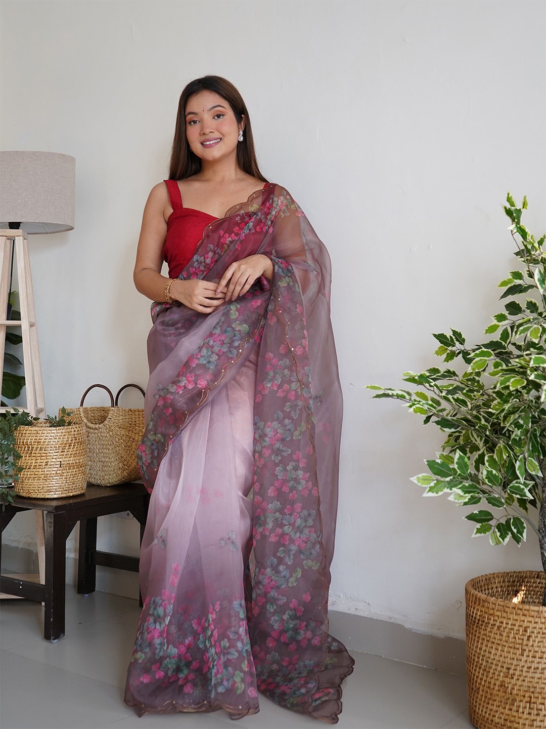 

elora Floral Organza Saree, Mauve