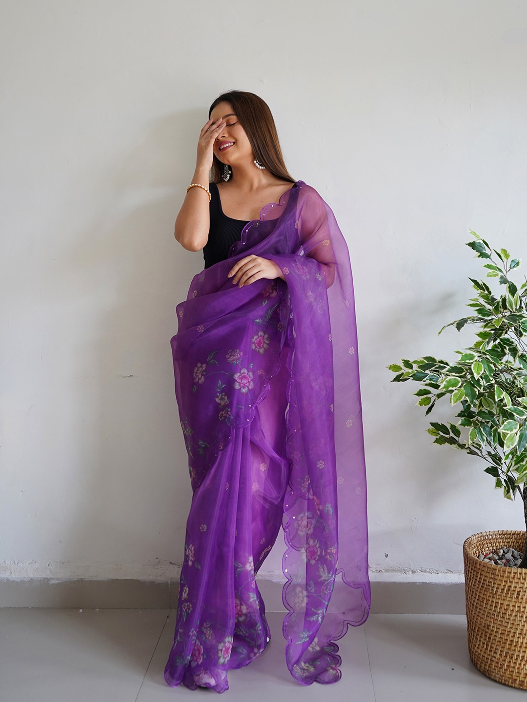 

elora Floral Organza Saree, Purple
