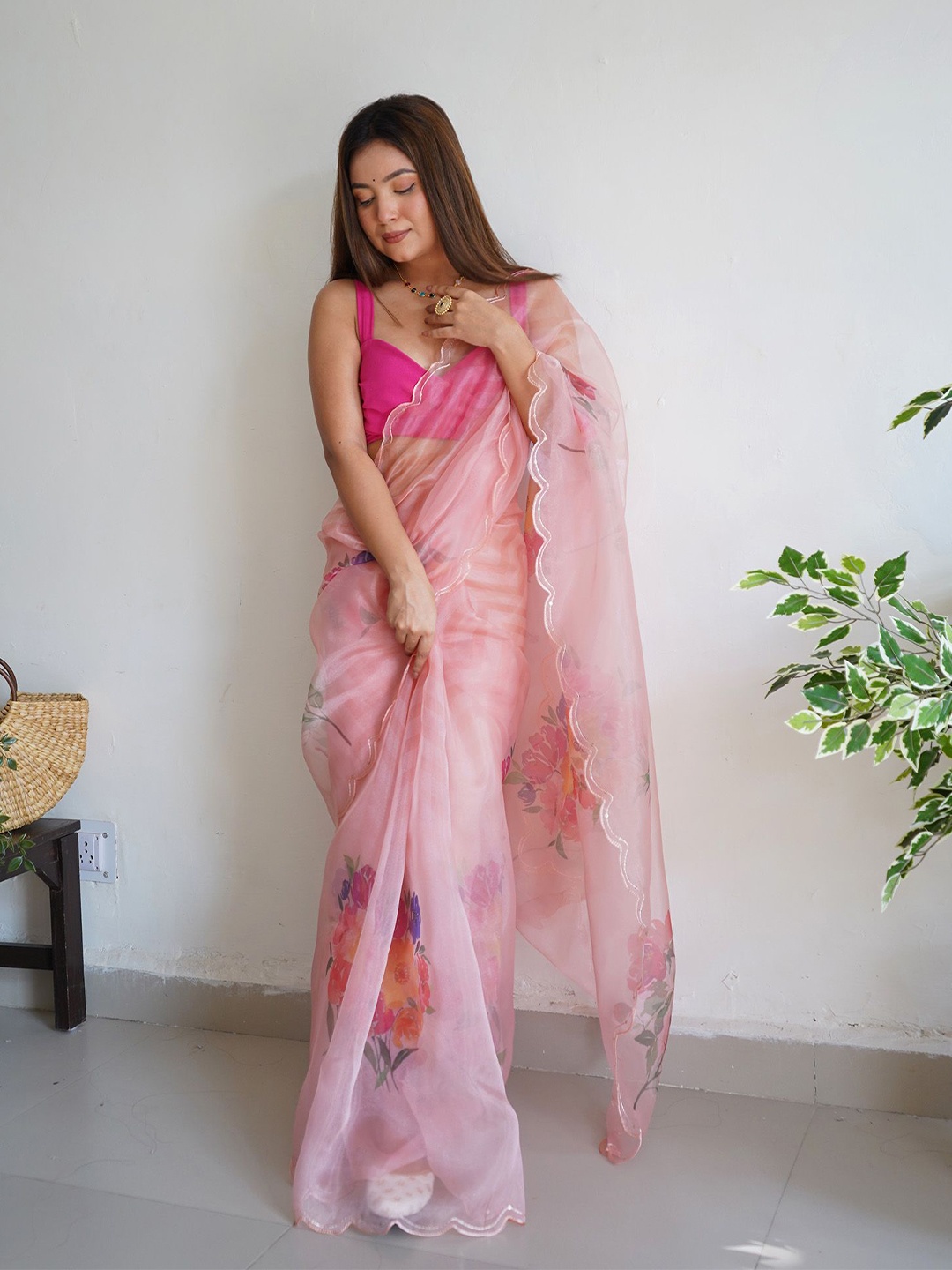 

elora Floral Organza Saree, Peach