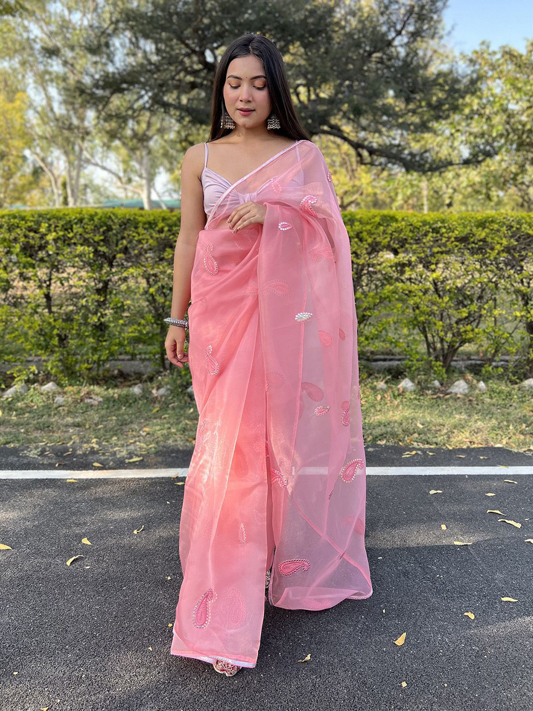 

elora Paisley Embroidered Organza Saree, Pink