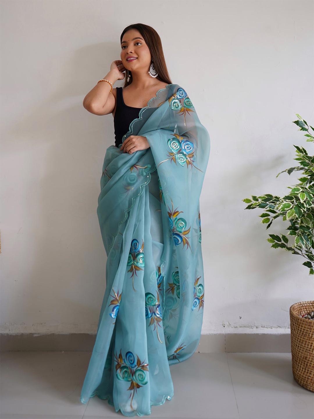 elora Floral Sequinned Pure Chiffon Saree, Turquoise blue