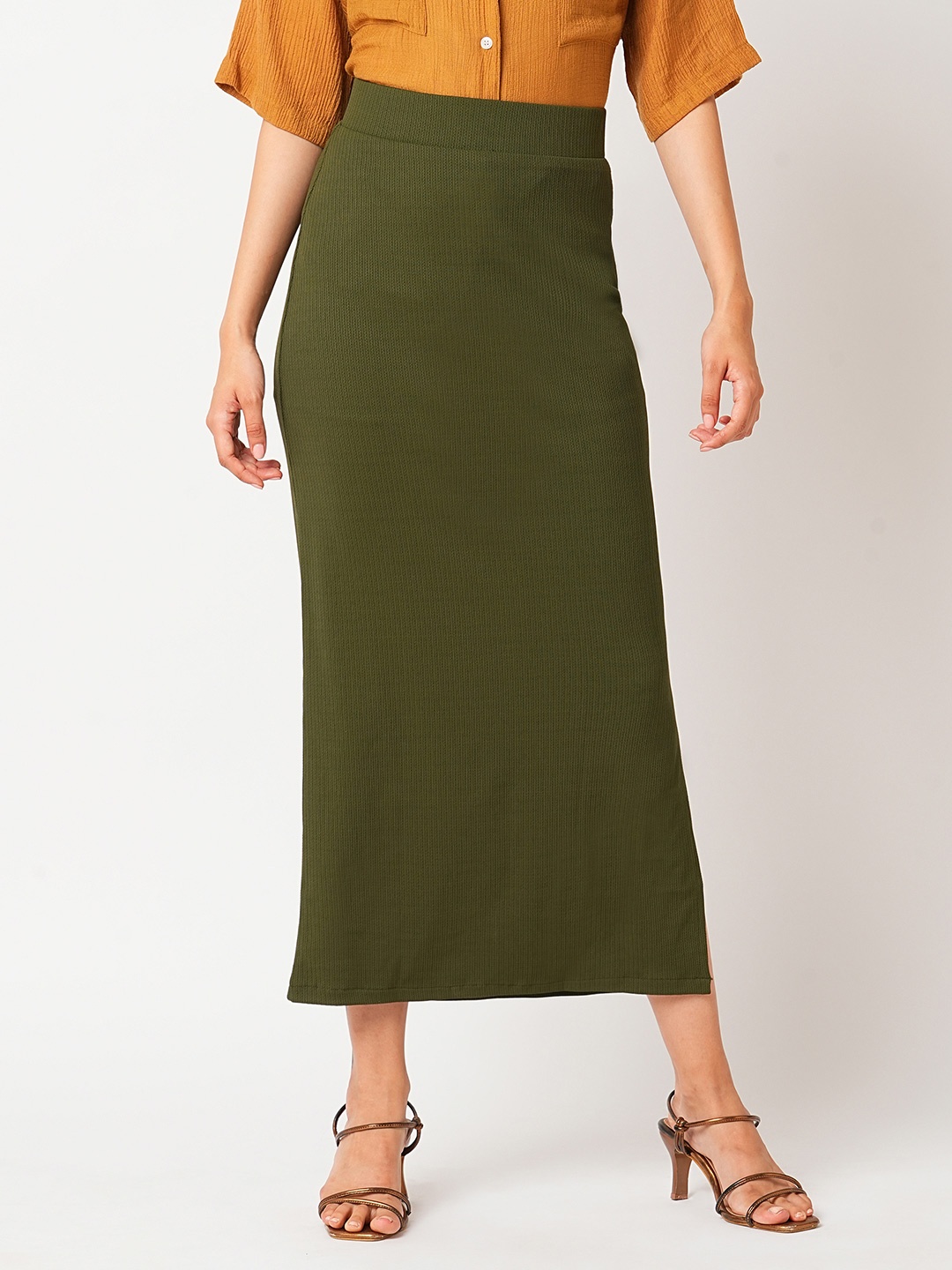 

Globus High-Rise Self Design Straight Pencil Maxi Skirt, Olive