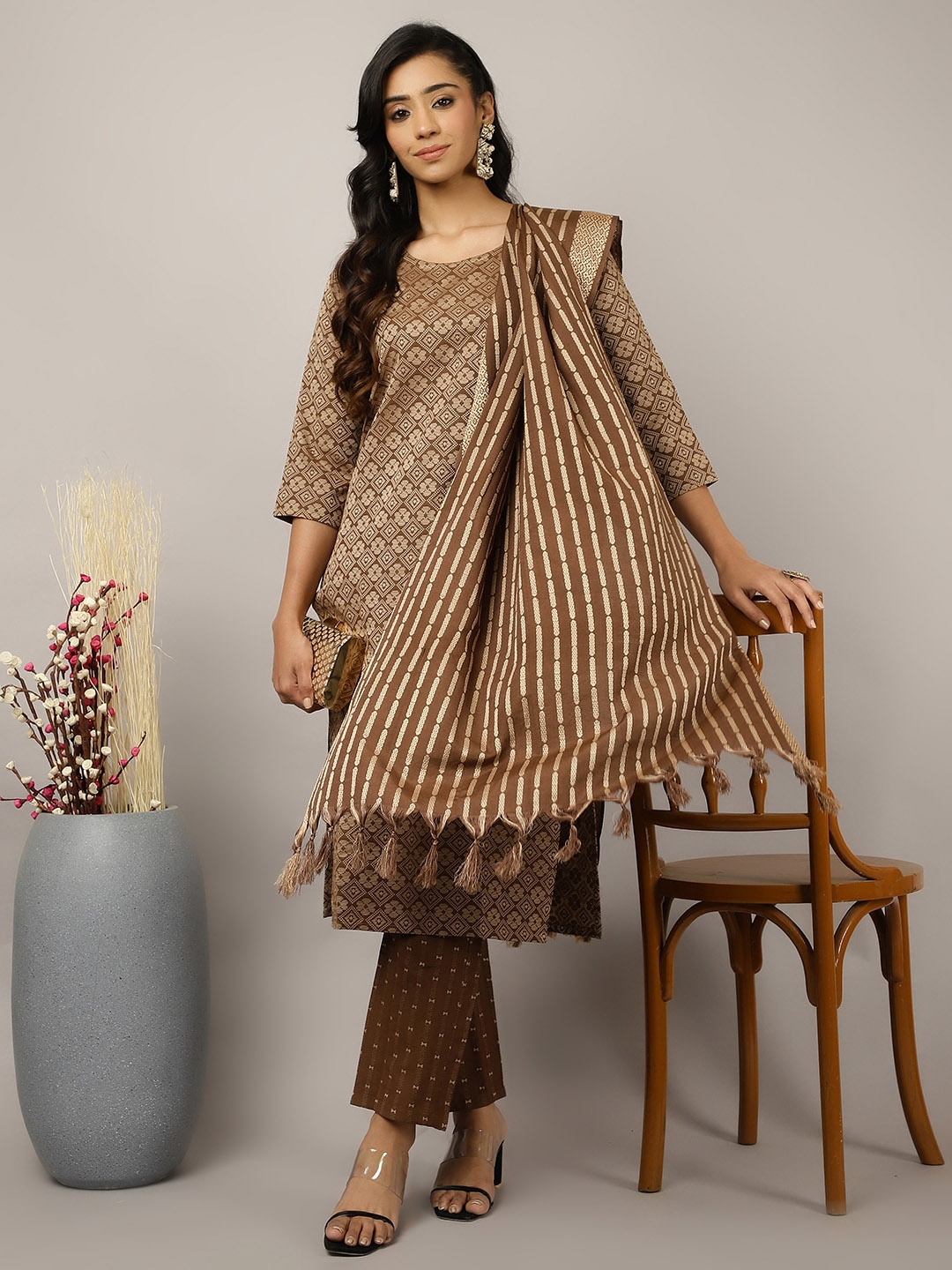 

Jaipur Kurti Floral Woven Design Round Neck Cotton Straight Kurta with Trousers & Dupatta, Brown