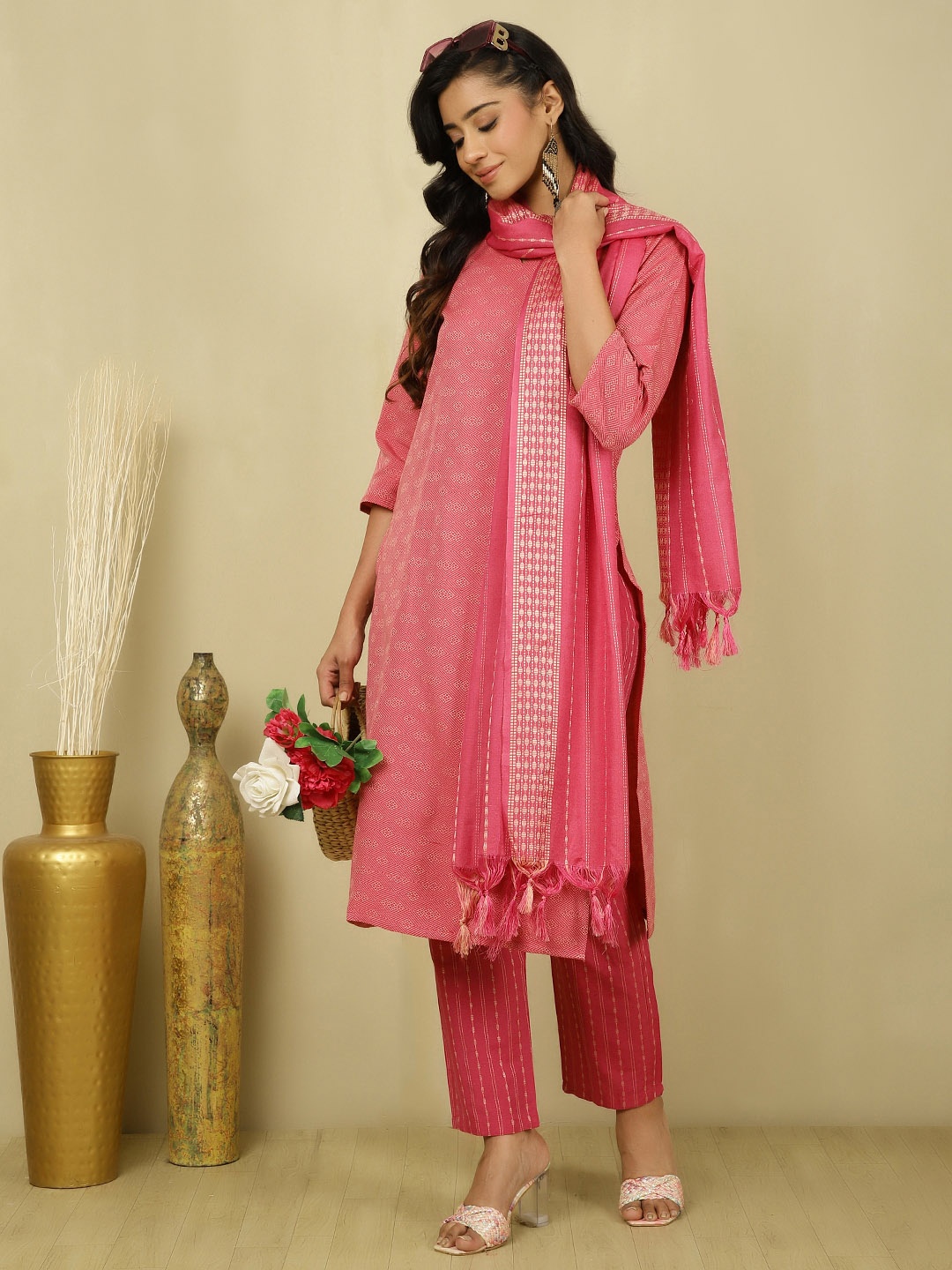 

Jaipur Kurti Woven Design Regular Pure Cotton Straight Kurta with Trousers & Dupatta, Fuchsia