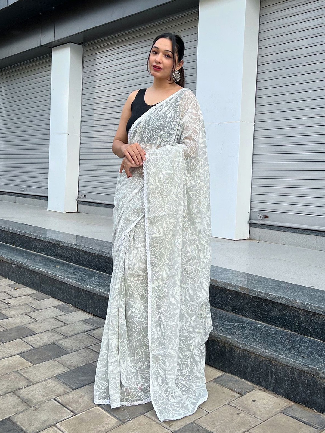 

elora Floral Embroidered Pure Chiffon Saree, White