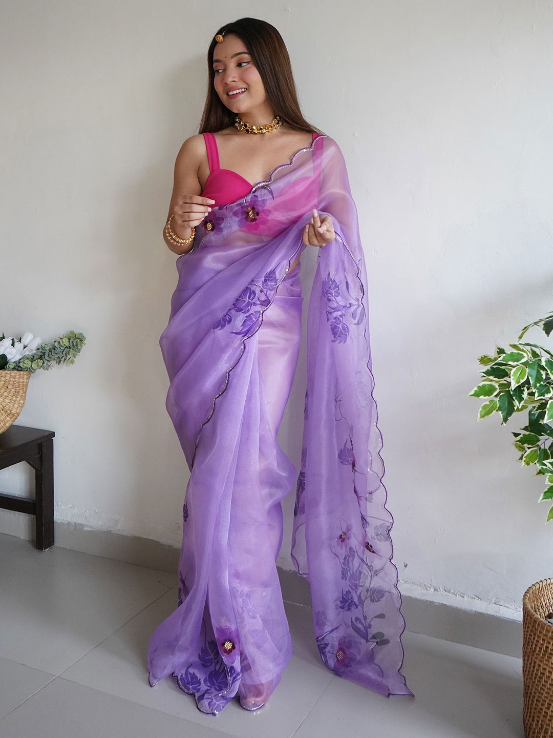 

elora Floral Beads and Stones Organza Saree, Lavender