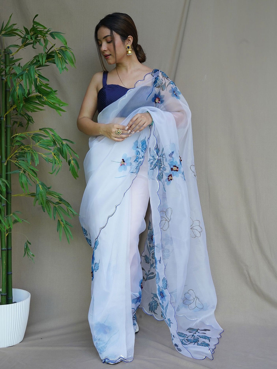 

elora Floral Beads and Stones Organza Saree, White