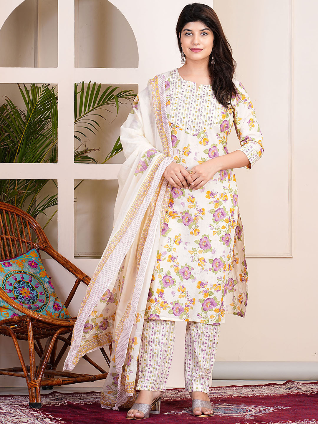 

SIGNORIA Women Floral Printed Regular Thread Work Pure Cotton Kurta with Trousers & With Dupatta, Yellow
