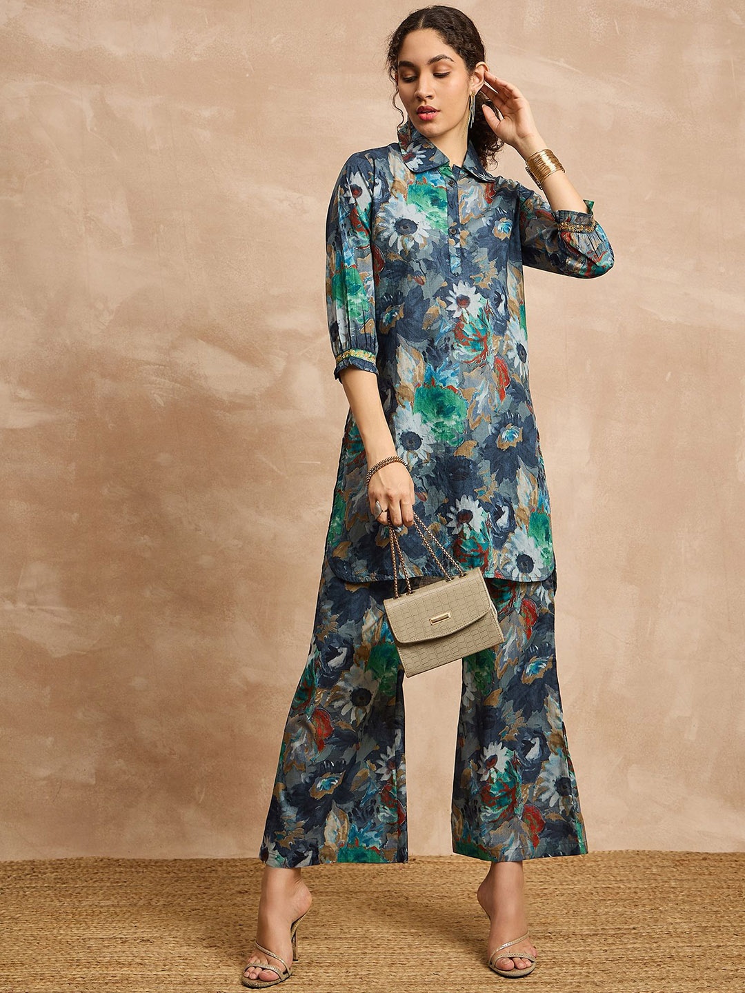 

all about you BLUE & Green Floral Printed Pure Cotton Shirt Collar Tunic & Trousers
