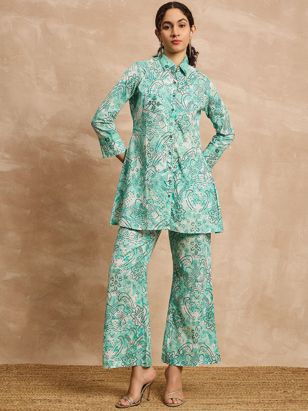 

all about you Pure Cotton Printed Shirt Collar Tunic With Trousers, Blue