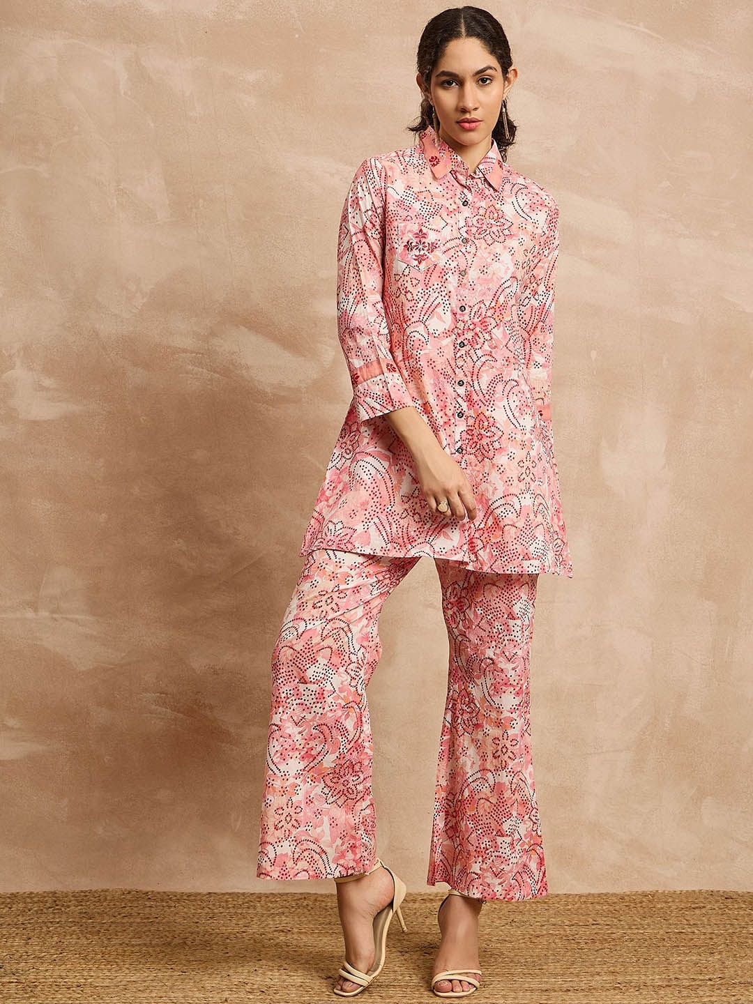 

all about you Peach & Red Floral Printed Pure Cotton Shirt Collar Tunic & Trousers