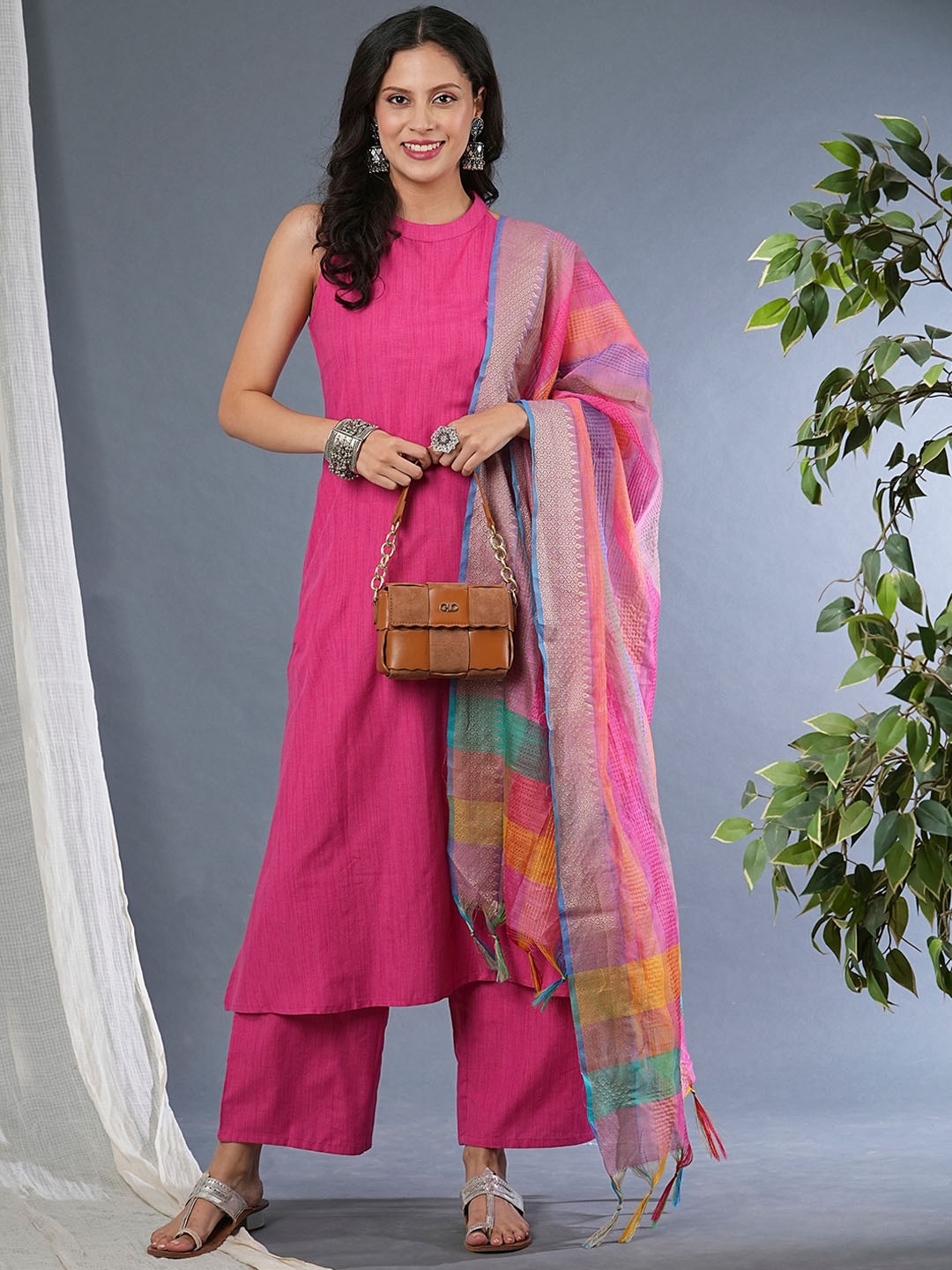 

Globus Sleeveless A Line Kurta & Trousers With Dupatta, Pink