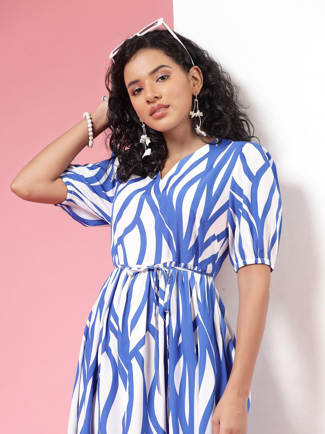 

EVERYDAY by ANI Printed V-Neck Puff Sleeves Crepe Fit & Flare Dress, Blue