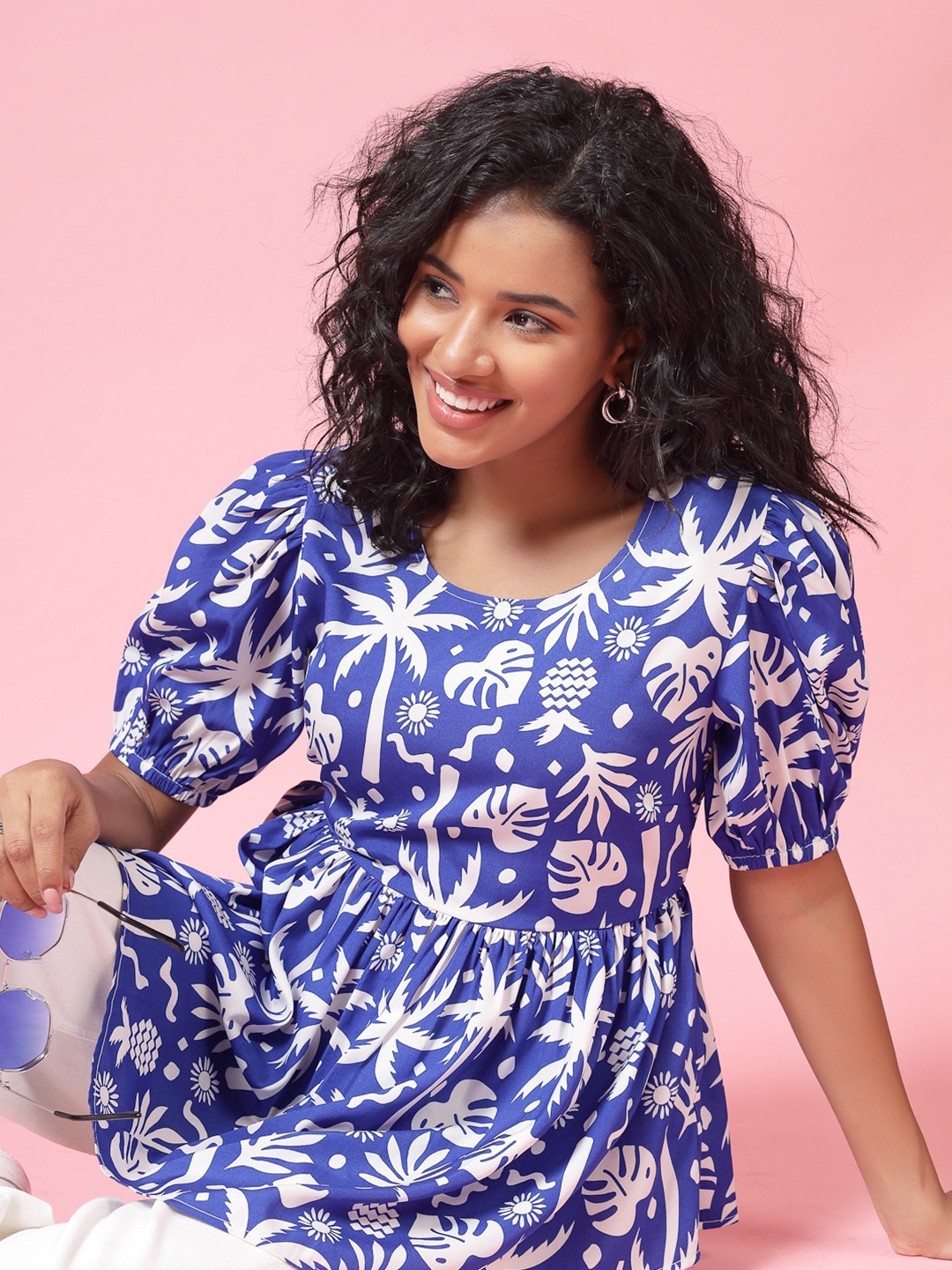 

EVERYDAY by ANI Tropical Printed Puff Sleeves Gathered Flared Casual Crepe Top, Blue