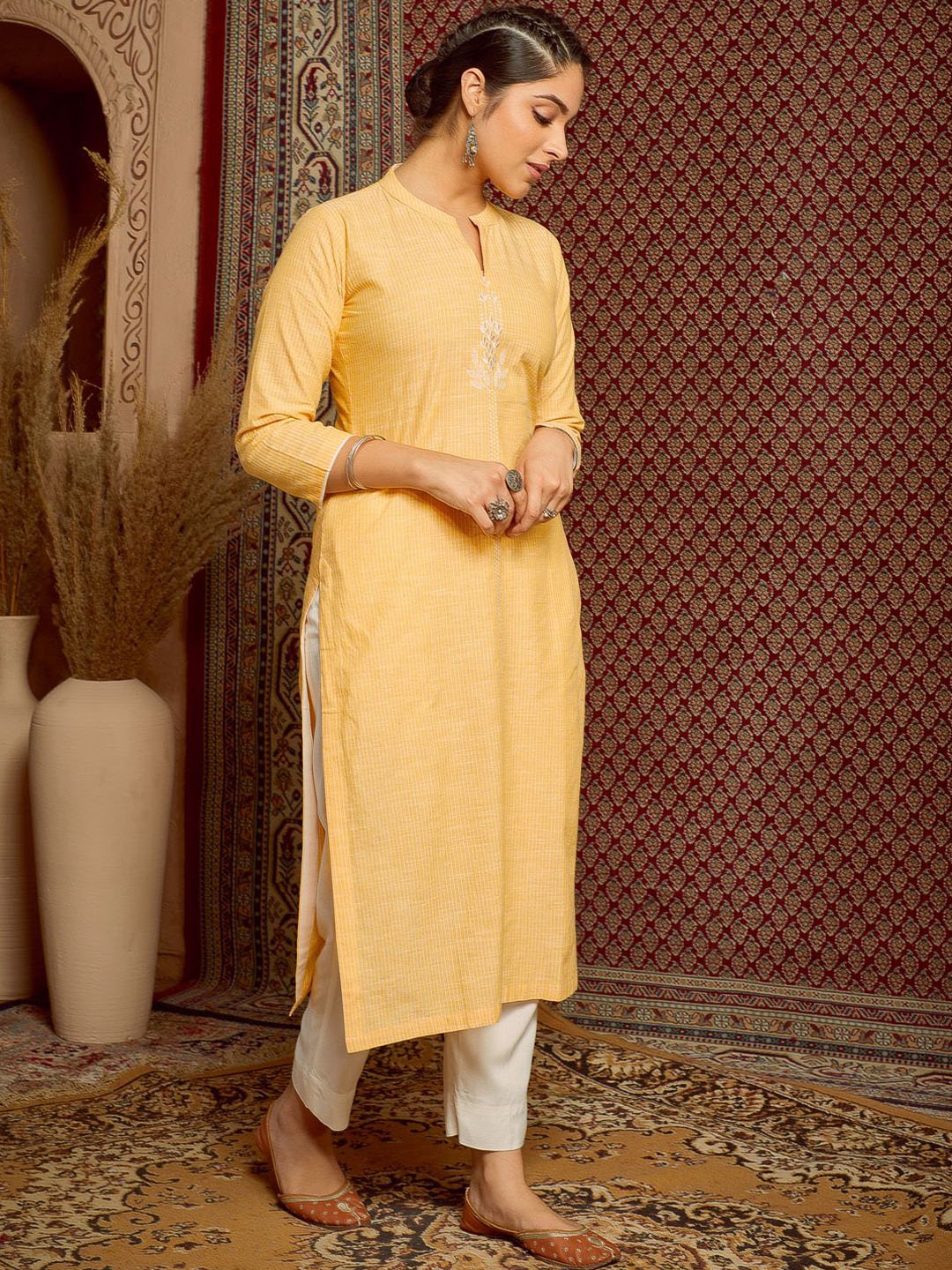 

WOMEN PLUS Striped Band Collar Thread Work Pure Cotton Straight Kurta, Yellow