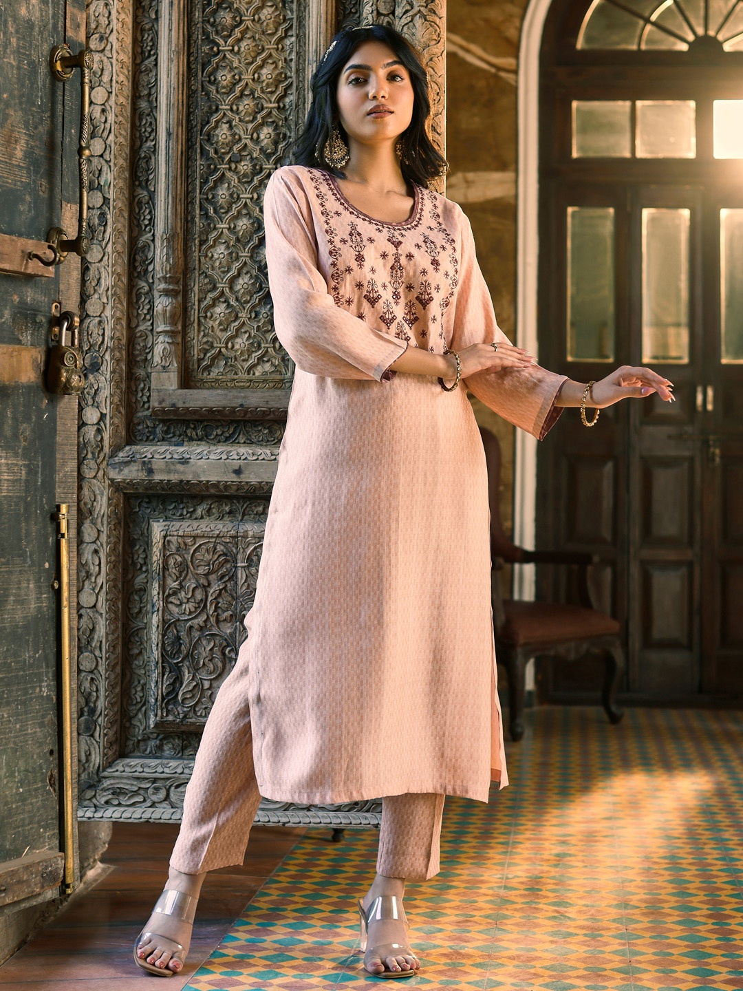 

WOMEN PLUS Women Geometric Printed Kurta, Peach